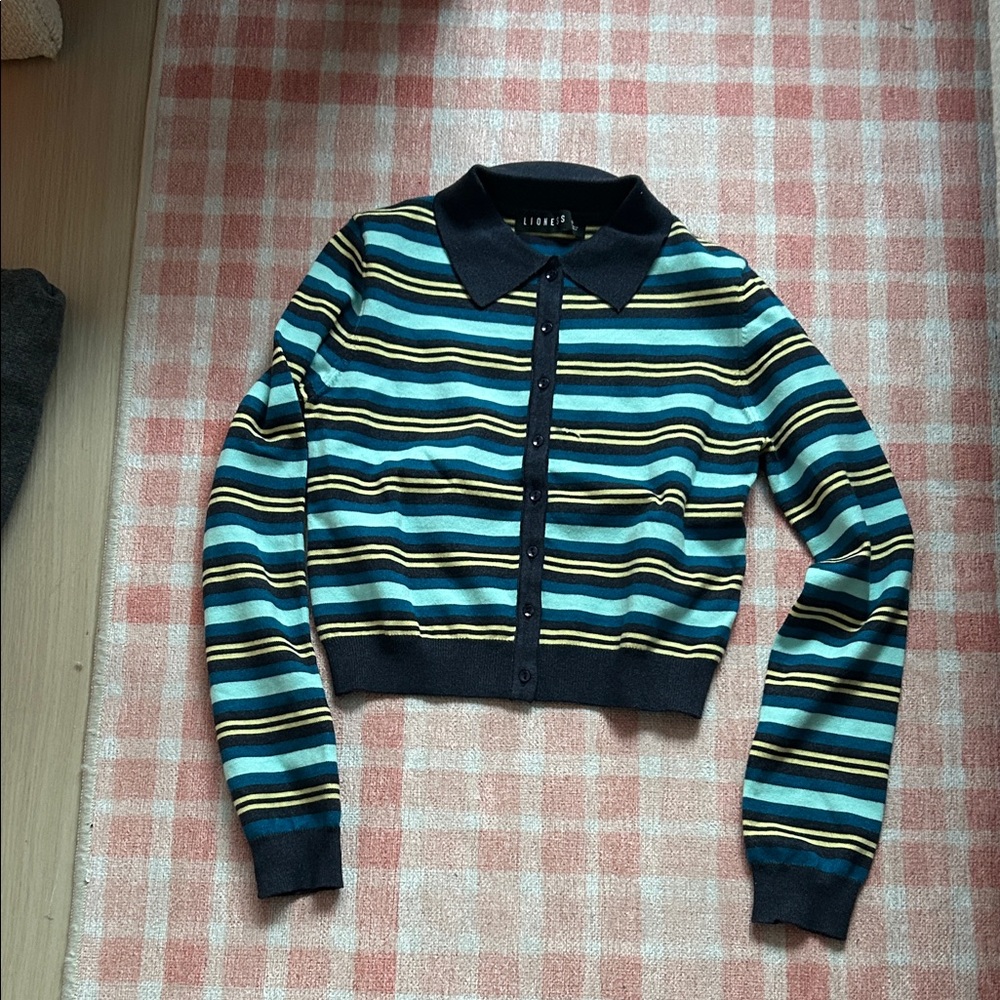 Lioness Striped Cropped Button-Up Sweater in Teal, Black & Yellow